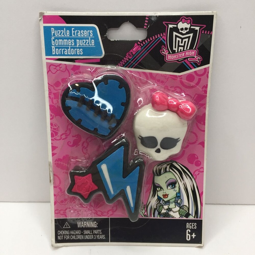 Monster High Collectible Set 3 Puzzle Eraser Heart Lightning Bolt Star Skull Bow